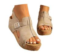 Zapato genérico para mujer, elegante, cómodo, tacón de cuña, piel con hebilla - Sandalias para caminar para mujer, verano, boca de peces, retro, sandalia ortopédica al aire libre, playa, zapatos