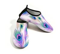 Zapatos acuáticos de playa para mujeres y hombres, de secado rápido, transpirables, antideslizantes, para piscina, surf, hermosas plumas de pavo real coloridas, morado y verde, 38.5/39.5 EU