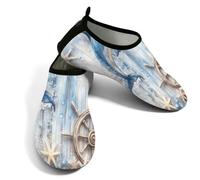 Zapatos acuáticos de playa para mujeres y hombres, de secado rápido, transpirables, antideslizantes, para piscina, surf, timón náutico, delfín marino sobre madera, Blue, 38.5/39.5 EU