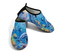 Zapatos acuáticos de playa para mujeres y hombres, de secado rápido, transpirables, antideslizantes, para piscina, surf, escena mundial subacuática, delfines y caballitos de mar, Blue, 38.5/39.5 EU