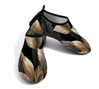 Zapatos acuáticos de playa para mujeres y hombres, de secado rápido, transpirables, antideslizantes, para piscina, surf, hojas tropicales doradas sobre negro, Oro negro., 41/42 EU