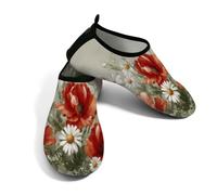 Zapatos acuáticos de playa para mujeres y hombres, de secado rápido, transpirables, antideslizantes, para piscina, surf, margaritas blancas de amapola roja sobre lino vintage, Rojo, blanco, beige