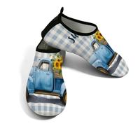 Zapatos acuáticos de playa para mujeres y hombres, de secado rápido, transpirables, antideslizantes, para piscina, surf, verano, girasol, camión viejo sobre cuadros azules, azul/amarillo, 42.5/43 EU