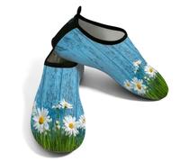 Zapatos acuáticos de playa para mujeres y hombres, de secado rápido, transpirables, antideslizantes, para piscina, surf, margaritas de granja florales sobre tablero de madera azul, azul y blanco, 41