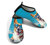 Zapatos acuáticos de playa para mujeres y hombres, de secado rápido, transpirables, antideslizantes, zapatos descalzos para piscina, surf, lindo perro corgi, Blue, 38.5/39.5 EU