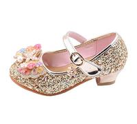 Zapatos brillantes para niñas con lazo, sandalias de tacón con purpurina para niñas, con lentejuelas brillantes, Mary Jane, para bodas, fiestas, princesas, Gold, 31 EU