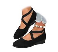 Zapatos cómodos de cuña con correa elástica entrecruzada para mujer, zapatos de tacón de bailarina para mujer, correa elástica cruzada, puntera redonda, cómodos zapatos de tacón, Correa cruzada negra