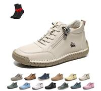 Zapatos Cómodos Ortopédicos De Cuero Hechos A Mano para Mujer, Zapatillas De Deporte De Cuero Unisex con Cremallera Lateral, Planas, Zapatillas Ortopédicas Suaves Sin Cordones(Beige,43 EU)