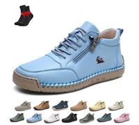 Zapatos Cómodos Ortopédicos De Cuero Hechos A Mano para Mujer, Zapatillas De Deporte De Cuero Unisex con Cremallera Lateral, Planas, Zapatillas Ortopédicas Suaves Sin Cordones(Light Blue,43 EU)