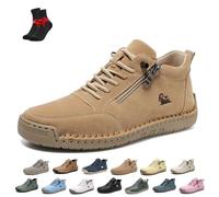 Zapatos Cómodos Ortopédicos De Cuero Hechos A Mano para Mujer, Zapatillas De Deporte De Cuero Unisex con Cremallera Lateral, Planas, Zapatillas Ortopédicas Suaves Sin Cordones(Khaki,36 EU)