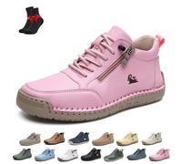 Zapatos Cómodos Ortopédicos De Cuero Hechos A Mano para Mujer, Zapatillas De Deporte De Cuero Unisex con Cremallera Lateral, Planas, Zapatillas Ortopédicas Suaves Sin Cordones(Pink,36 EU)