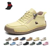 Zapatos Cómodos Ortopédicos De Cuero Hechos A Mano para Mujer, Zapatillas De Deporte De Cuero Unisex con Cremallera Lateral, Planas, Zapatillas Ortopédicas Suaves Sin Cordones(Yellow,48 EU)
