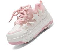 Zapatos con Ruedas para Niños y Niñas, Patines Multiusos 2 en 1, Zapatillas Deportivas al Aire Libre con 4 Ruedas Retráctil, Zapatillas de Skateboarding de Moda,A8 Pink,31 EU