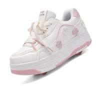 Zapatos con Ruedas para Niños y Niñas, Patines Multiusos 2 en 1, Zapatillas Deportivas al Aire Libre con 4 Ruedas Retráctil, Zapatillas de Skateboarding de Moda,2602 Pink,31 EU
