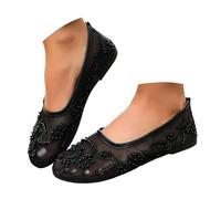 Zapatos de baile casuales con punta redonda bordada e inserciones de malla con perlas, cómodos de llevar todos los días., Negro , 39 EU