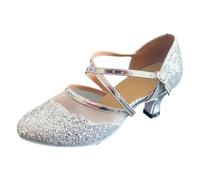 Zapatos de baile latino brillantes con parte superior de malla correas para un agarre seguro - Tacón medio elegante y cómodo ajuste versátil para el día a día y el ocio eventos, plata, 40 EU