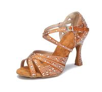 Zapatos de baile latino con diamantes de imitación para mujer, tacón alto, suela suave, para interiores, bodas, fiestas, Tacón marrón de 7 5 cm, 38 EU