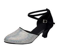 Zapatos de baile latino con purpurina de dos tonos para mujer, puntera cerrada, correa cruzada, tacón medio, salón de baile, salsa, tango, práctica, fiesta, tacones, Black, 37.5 EU