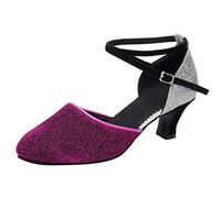 Zapatos de baile latino con purpurina de dos tonos para mujer, puntera cerrada, correa cruzada, tacón medio, salón de baile, salsa, tango, práctica, fiesta, tacones, Red, 36 EU