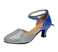Zapatos de baile latino con purpurina de dos tonos para mujer, puntera cerrada, correa cruzada, tacón medio, salón de baile, salsa, tango, práctica, fiesta, tacones, Blue, 36.5 EU