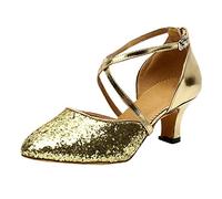 Zapatos de baile latino con purpurina plateada para mujer, puntera cerrada, correa cruzada, tacón bajo, salsa, tango, práctica, fiesta, Gold, 39 EU