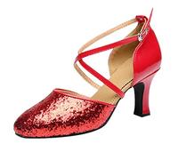 Zapatos de baile latino con purpurina plateada para mujer, puntera cerrada, correa cruzada, tacón bajo, salsa, tango, práctica, fiesta, Red, 39 EU