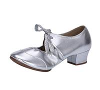 Zapatos de baile latino para mujer, con cordones, tacones de salón modernos, ritmo de salsa, práctica de enseñanza, Mary Jane, suaves, cómodos, zapatos de baile, Silver, 39.5 EU