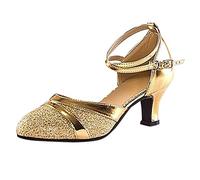Zapatos de baile latino para mujer, con tiras brillantes, para salón, salsa, tango, práctica, tacón medio, fiesta, graduación, boda, Gold, 37 EU