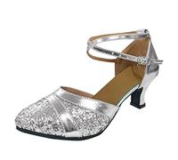 Zapatos De Baile Latino Profesionales Ajustables Zapatos De Salsa Y Bachata Para Mujeres Tacones Bajos Cristales T-Strap De Punta Cerrada/Abierta Social Para Fiesta, Boda, Baile Latino, Moderno Y