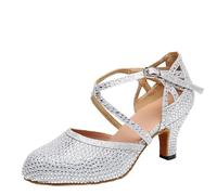 Zapatos de Baile Latino señora Salsa Tango salón Zapatillas Fiesta Rhinestone satén Chica tacón Alto al Aire Libre Punta Cerrada SHO para Women(Silver,8CM_4)