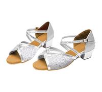 - Zapatos de baile latinos para interiores, suela suave, tacón plano, zapatos de baile de lentejuelas, zapatos de baile de satén para interiores, sandalias de elefante (plata, 31 Little Child)