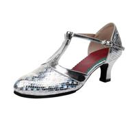 Zapatos de baile mujer latino cerrado brillo - tacones altos plateados tacón pequeño - bombas con hebilla de correa tacones altos elegantes zapatos de noche zapatos de boda zapatos de vestir, C01