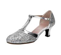 Zapatos de baile mujer latino cerrado brillo - tacones altos plateados tacón pequeño - bombas con hebilla de correa tacones altos elegantes zapatos de noche zapatos de boda zapatos de vestir, B02