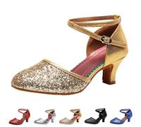 Zapatos de Baile Mujeres Latina, Zapatos Cerrados Punta Lentejuelas Tacones Bajos, Gold1, 36 EU