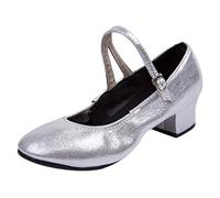 Zapatos de baile para mujer con tacón en bloque y puntera cerrada, con purpurina, sintéticos, para boda, tango, salón de baile, moderno, danza, plata, 39