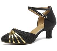 Zapatos de Baile para Mujeres con tacón Medio para Salsa Zapatos Latinos Tango Zapatillas de Danza Sandalias de Tacon (Negro-Más Ancho, Adulto, 37, Números, Sistema Tallas Calzado EU, Ancho)