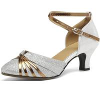 Zapatos de Baile para Mujeres con tacón Medio para Salsa Zapatos Latinos Tango Zapatillas de Danza Sandalias de Tacon (Plateado-Más Ancho, Adulto, 41, Números, Sistema Tallas Calzado EU, Ancho)