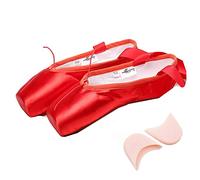 Zapatos de ballet de punta de baile de satén con banda elástica y protector de los dedos para bailarinas niña mujer, Rojo con tapa de silicona, 37 EU