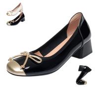 Zapatos de ballet elegantes para mujer, tacones bajos y gruesos, puntera redonda, bonitos mocasines de trabajo con lazo para fiesta, oficina, vestido, Black, 36 EU