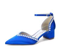 Zapatos de Boda de Mujer de Punta Cerrada con Tacones Gruesos de Bloque y Perlas, Zapatillas de satén con Correa en el Tobillo, Zapatos de Fiesta de Noche para graduación,Azul,39 EU