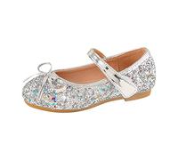 Zapatos de boda para niñas y niñas, zapatos de flores con lentejuelas y lazo brillante, sandalias de vestir para niñas, talla 1, Silver, 13 UK Child 3X-Narrow