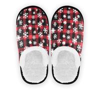 Zapatos de casa para hombre y mujer, forro polar mullido, suela de goma antideslizante, pantuflas cálidas para el hogar, interiores, talla M, Copos de nieve sobre cuadros rojos y negros, Large