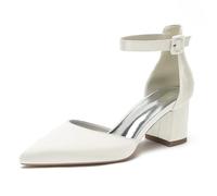 Zapatos De Corte para Mujer Tacón De Bloque Correa Al Tobillo Zapatos De Salón De Vestir Gruesas Punta Cerrada Zapatos De Boda,Marfil,39 EU