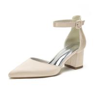 Zapatos De Corte para Mujer Tacón De Bloque Correa Al Tobillo Zapatos De Salón De Vestir Gruesas Punta Cerrada Zapatos De Boda,Champagne,36 EU