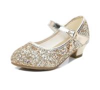 Zapatos de cuero for primavera y otoño, informales, de princesa, for niñas, a la moda, con lentejuelas, for bodas, fiestas, tacones altos, antideslizantes.(Gold,28)