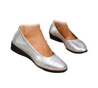 Zapatos de cuero ligeros para mujer, zapatos de corte marrón para mujer, elegantes mocasines ortopédicos con hebilla poco profunda y tacón de cuña, Silver, 38 EU