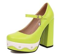 Zapatos de Fiesta para Mujer Plataforma Mary Jane Punta Cuadrada Tacón Alto Grueso con Correa al Tobillo para Moda Lolita y Eventos Multicolor,Verde,41 EU
