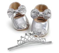 Zapatos de lentejuelas con purpurina para bebés y niñas, suela suave, estilo Mary Jane, vestido de fiesta, zapatos de cuna con diadema con lazo, H lentejuelas plateadas, 0-6 meses