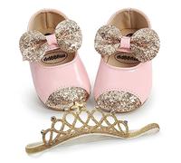 Zapatos de lentejuelas con purpurina para bebés y niñas, suela suave, estilo Mary Jane, vestido de fiesta, zapatos de cuna con diadema con lazo, H Lentejuelas Rosa, 6-12 meses
