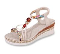 Zapatos de mujer con tacón de cuña y punta redonda y banda elástica, para verano, suela gruesa, color amarillo, talla 36, beige, 39 EU